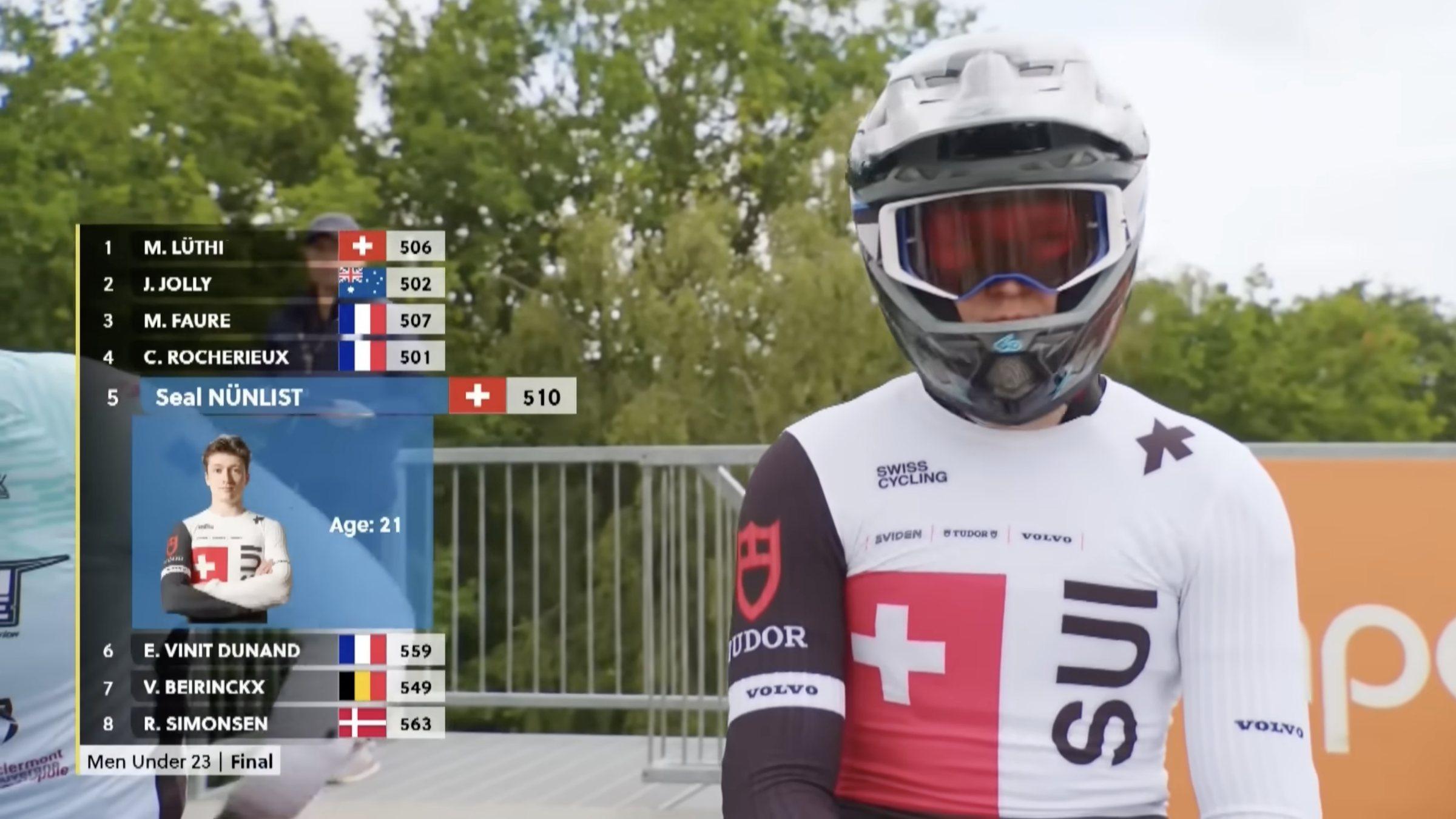 Seal Nünlist im U23-Final am Weltcup in Papendal, mit eingeblendeter Startaufstellung